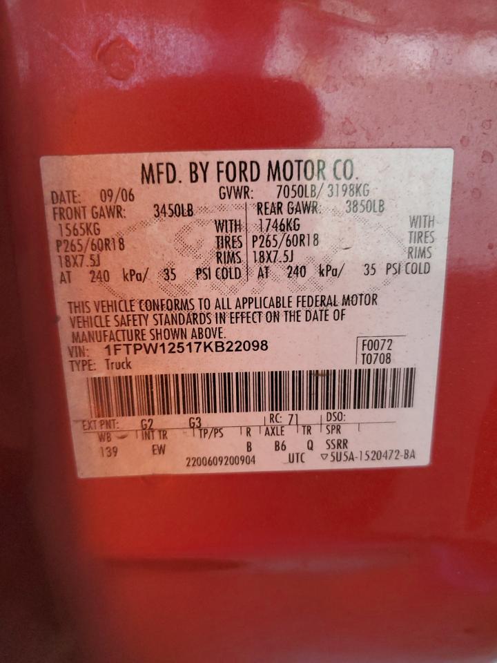 2007 Ford F150 Supercrew VIN: 1FTPW12517KB22098 Lot: 56117864