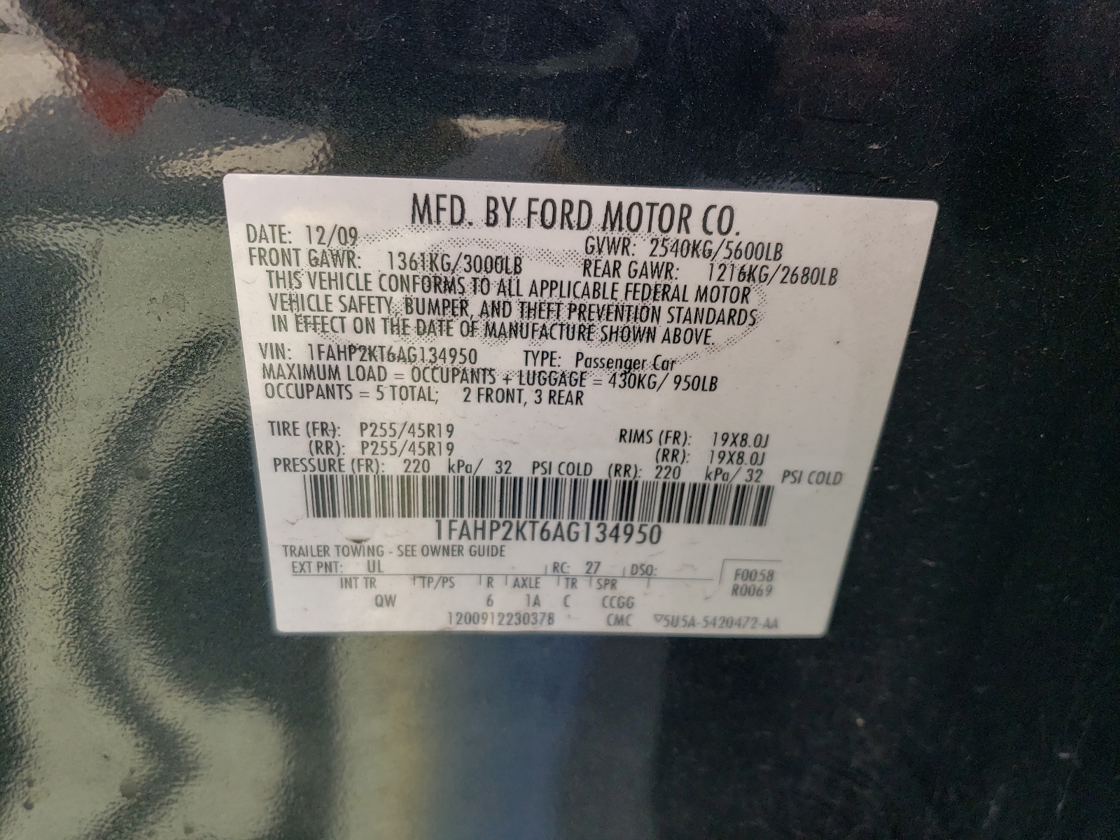 1FAHP2KT6AG134950 2010 Ford Taurus Sho