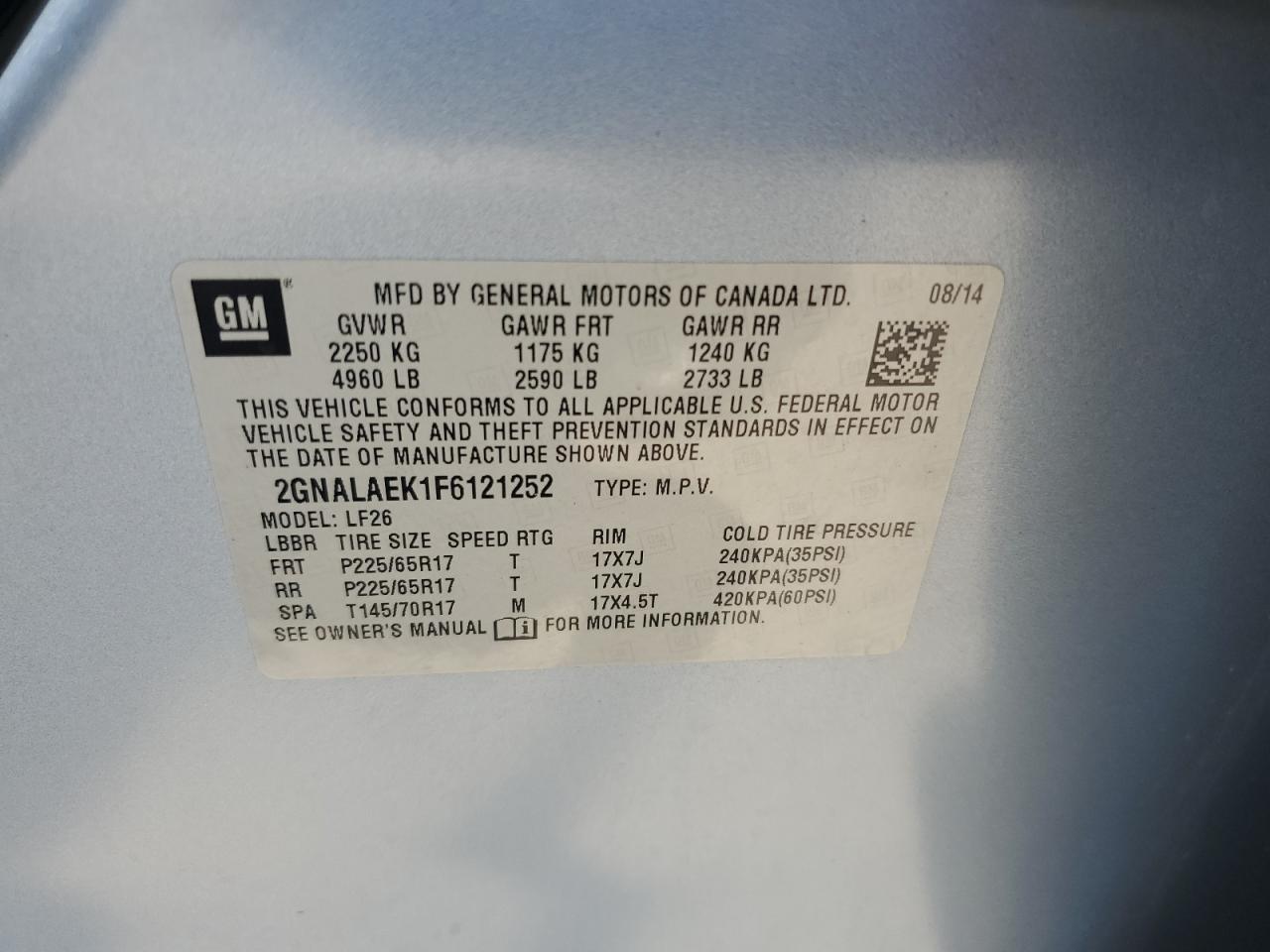 2015 Chevrolet Equinox Ls VIN: 2GNALAEK1F6121252 Lot: 54453374