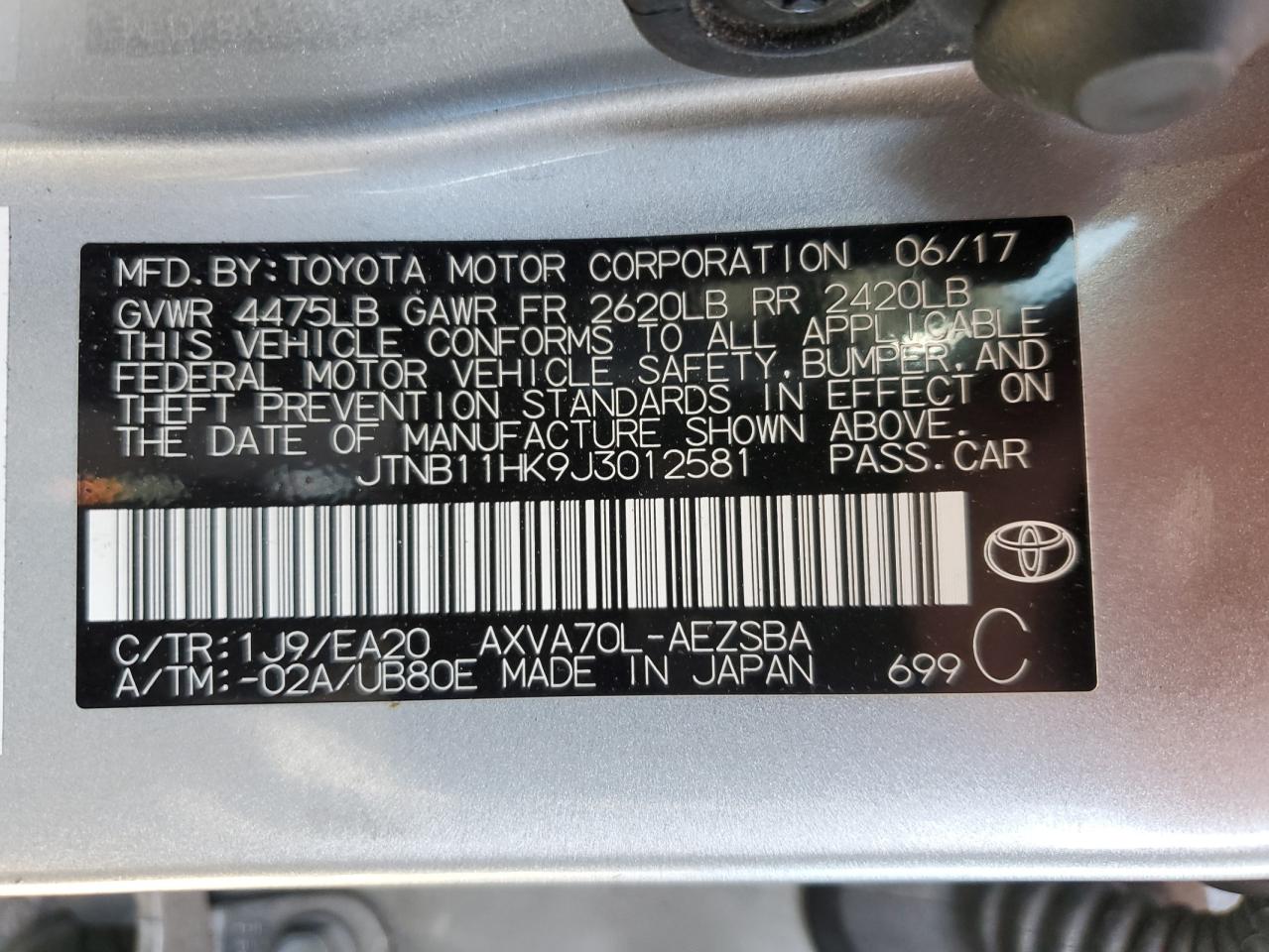 JTNB11HK9J3012581 2018 Toyota Camry L