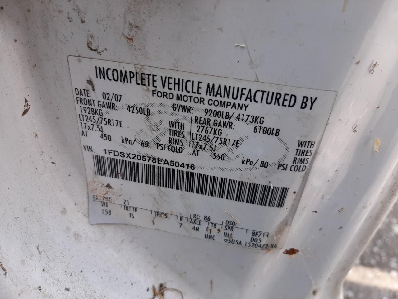 2008 Ford F250 Super Duty VIN: 1FDSX20578EA50416 Lot: 65772884