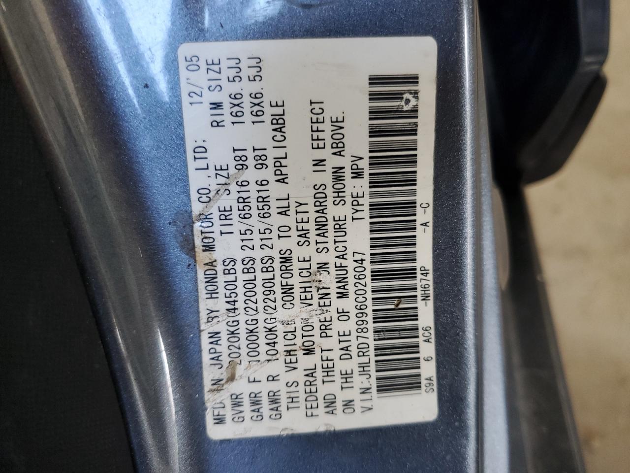 2006 Honda Cr-V Se VIN: JHLRD78996C026047 Lot: 56044944