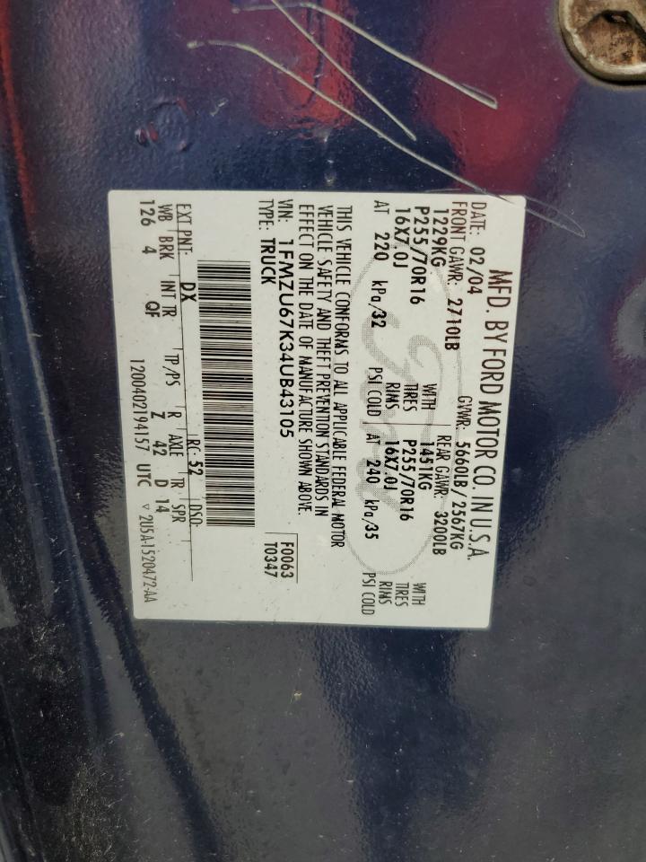 2004 Ford Explorer Sport Trac VIN: 1FMZU67K34UB43105 Lot: 54070744