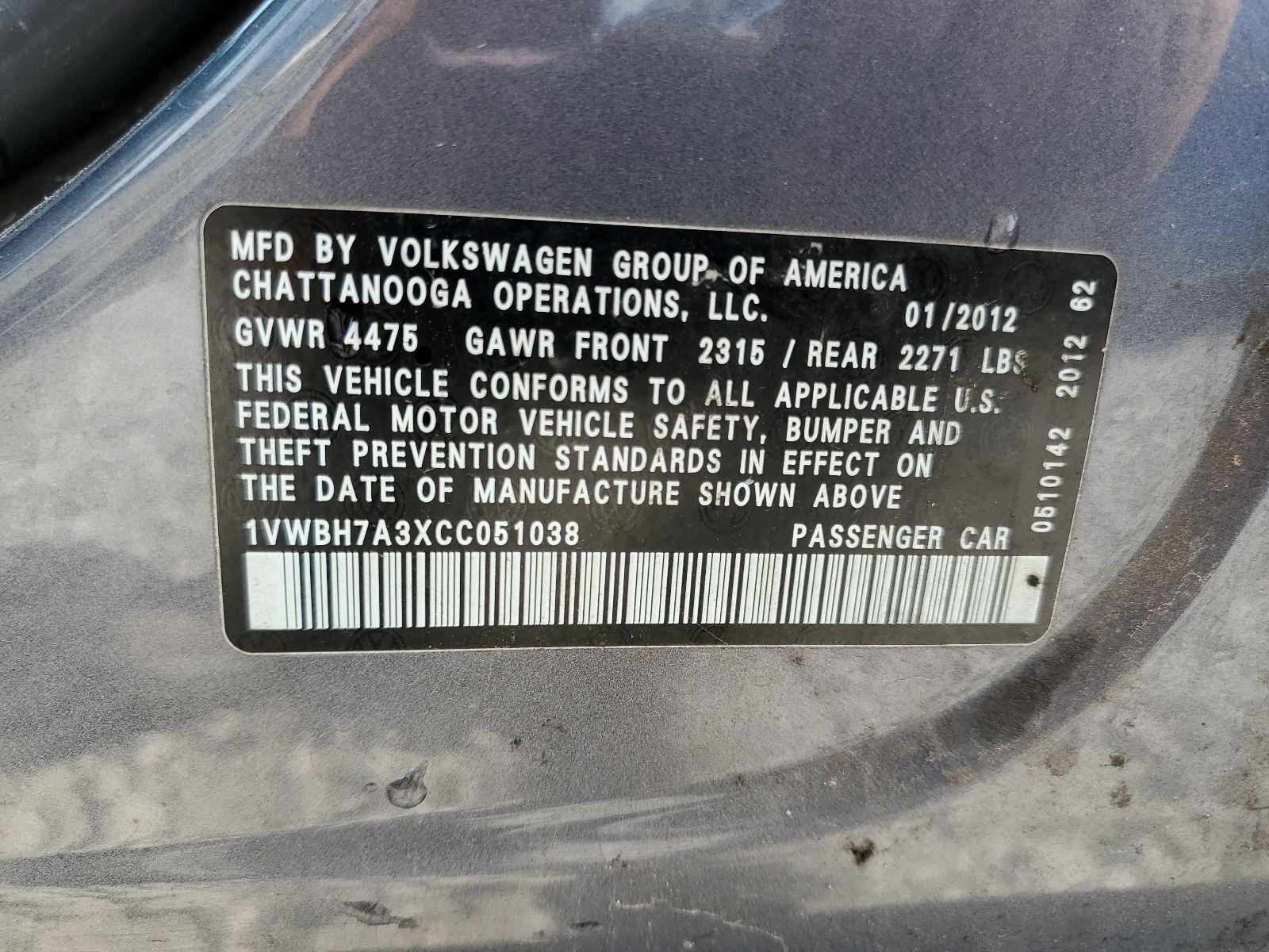 1VWBH7A3XCC051038 2012 Volkswagen Passat Se