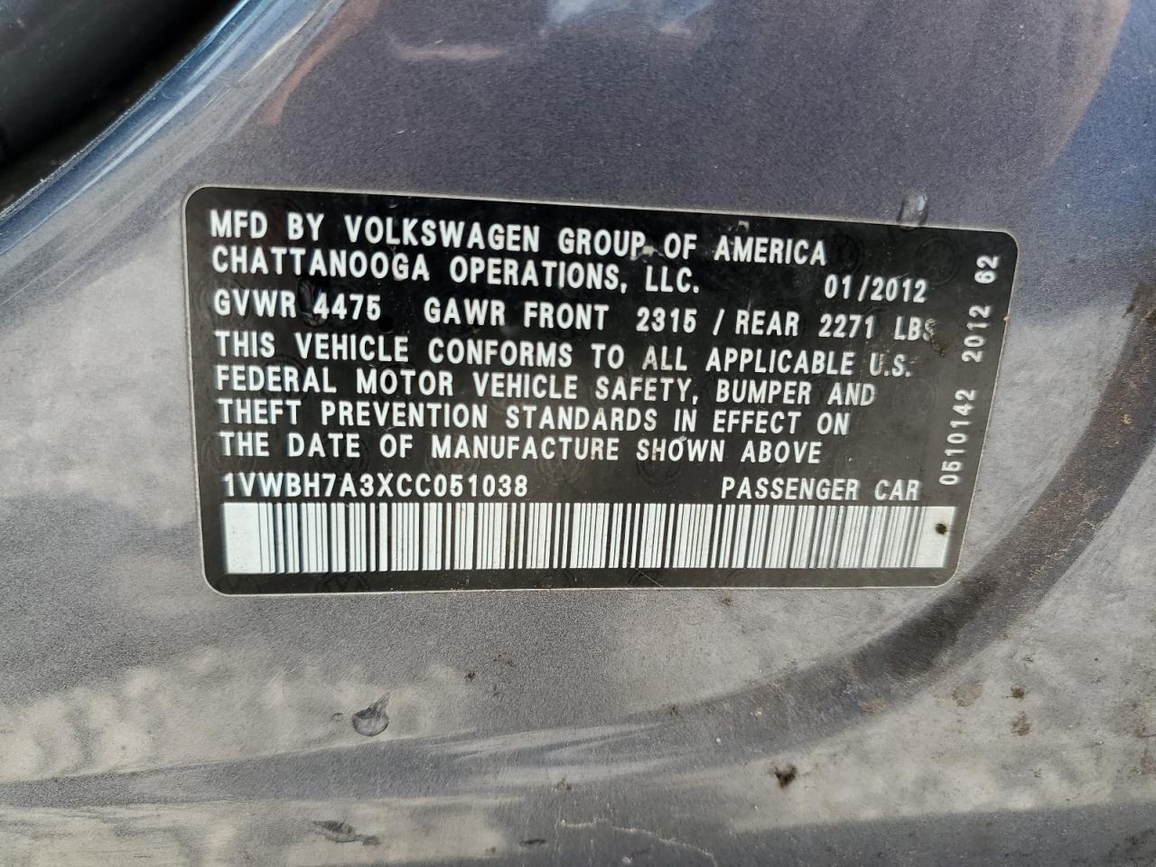 2012 Volkswagen Passat Se VIN: 1VWBH7A3XCC051038 Lot: 56311604