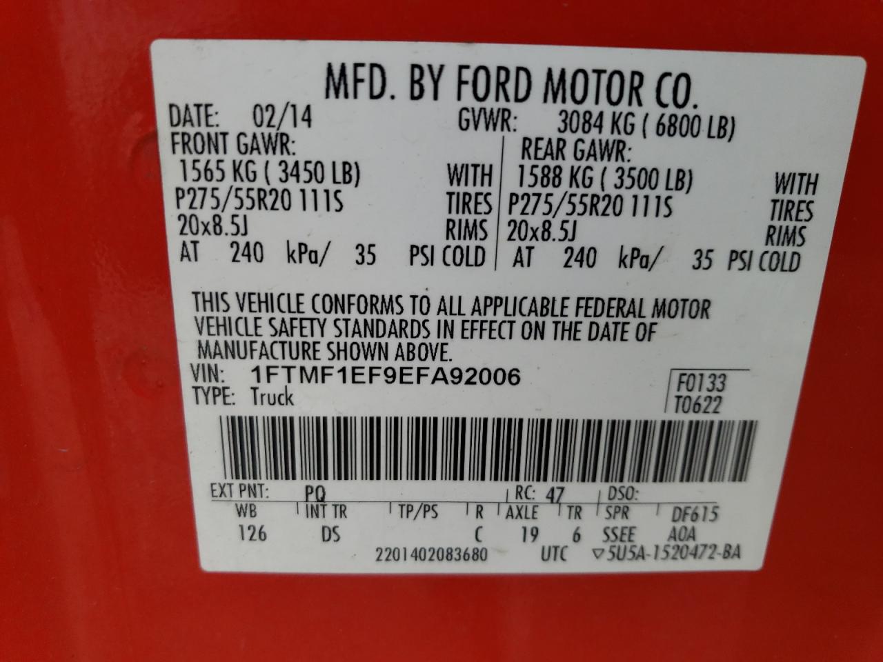 2014 Ford F150 VIN: 1FTMF1EF9EFA92006 Lot: 54247354