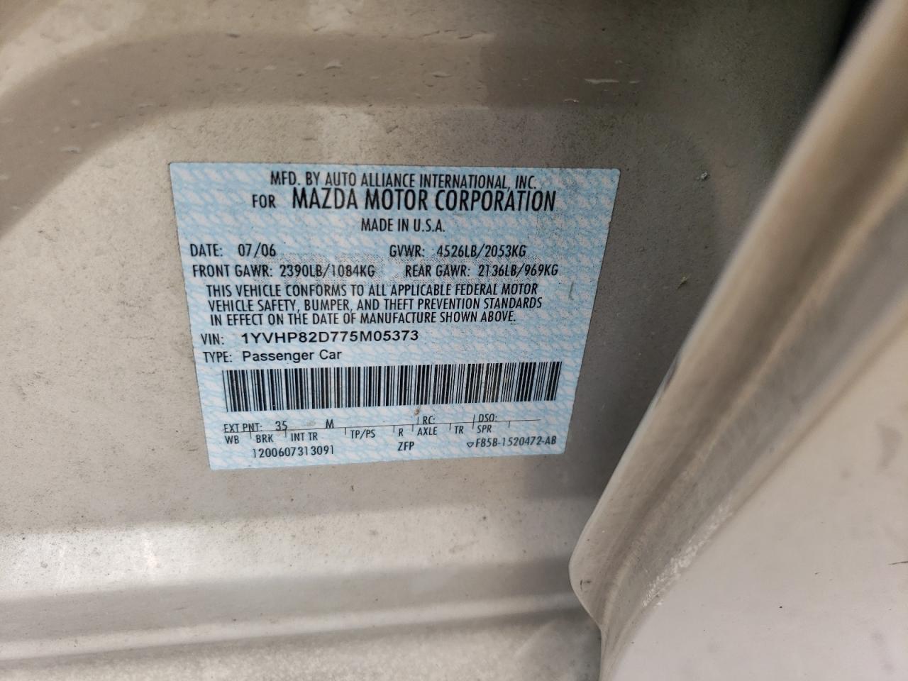 2007 Mazda 6 S VIN: 1YVHP82D775M05373 Lot: 53288454