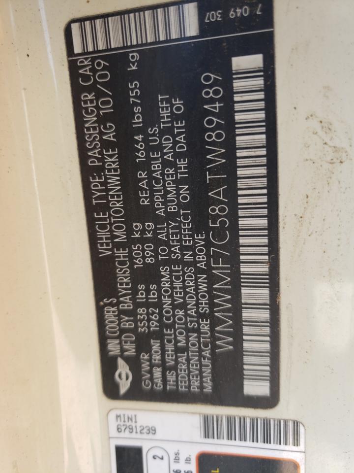 2010 Mini Cooper S VIN: WMWMF7C58ATW89489 Lot: 55966134