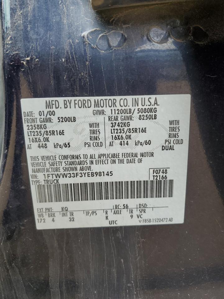 2000 Ford F350 Super Duty VIN: 1FTWW33F3YEB98145 Lot: 53550854