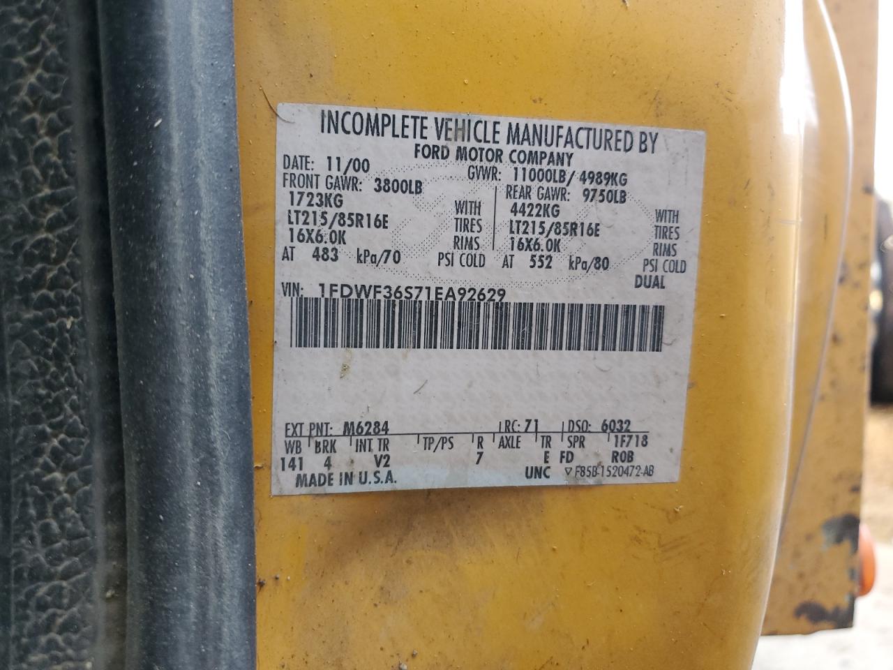 2001 Ford F350 Super Duty VIN: 1FDWF36S71EA92629 Lot: 56338554