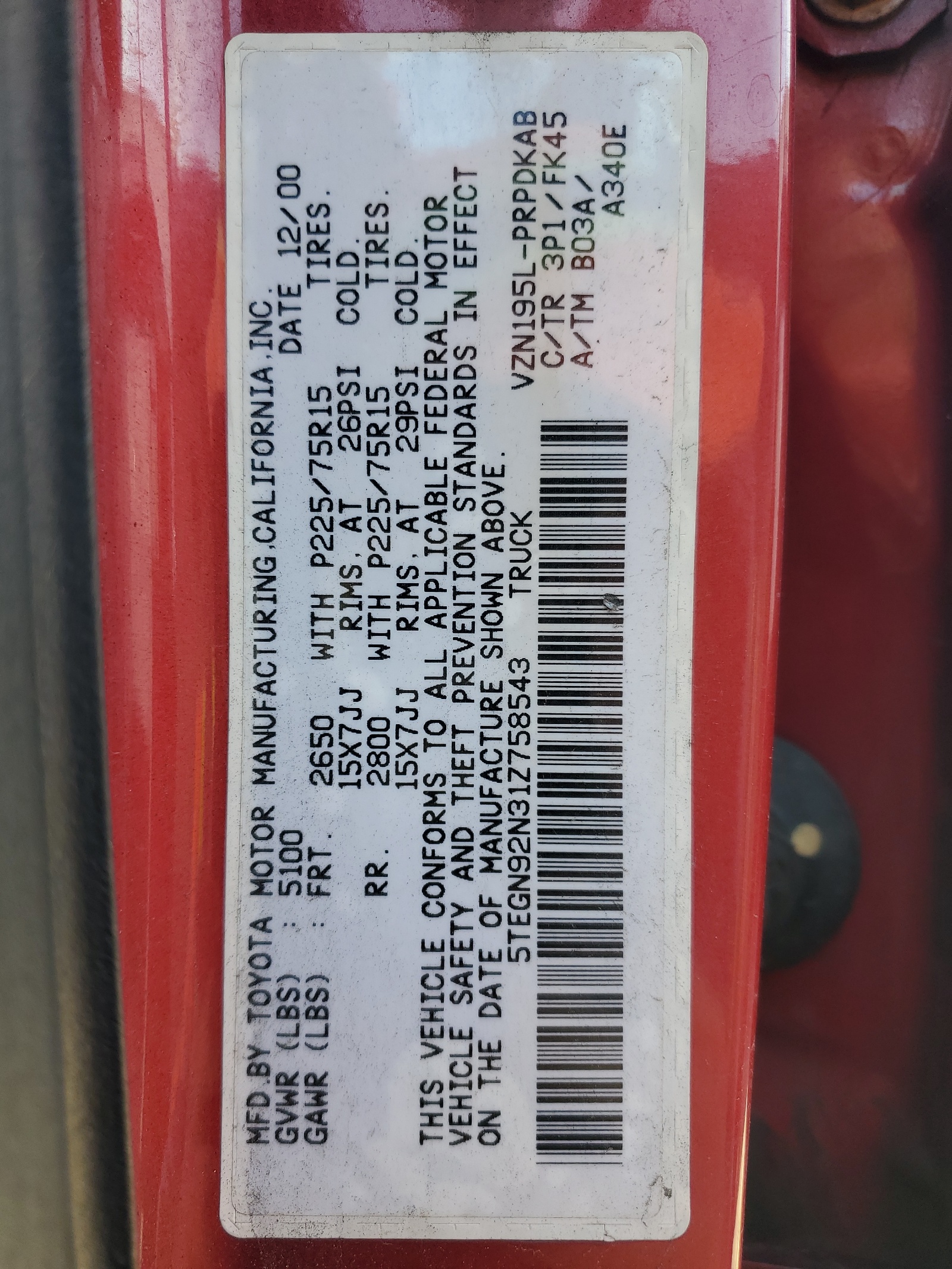 5TEGN92N31Z758543 2001 Toyota Tacoma Double Cab Prerunner