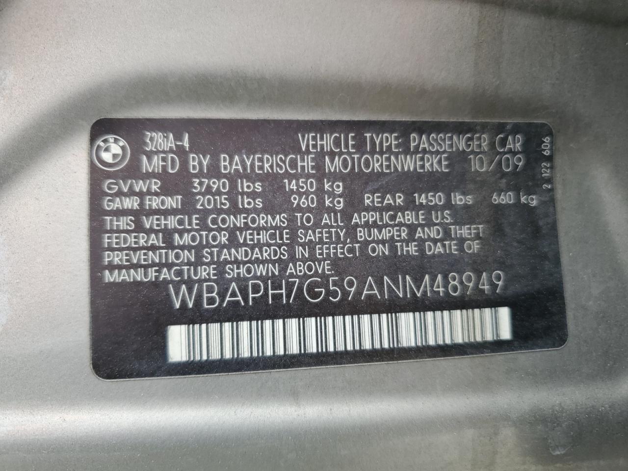 2010 BMW 328 I VIN: WBAPH7G59ANM48949 Lot: 55961004