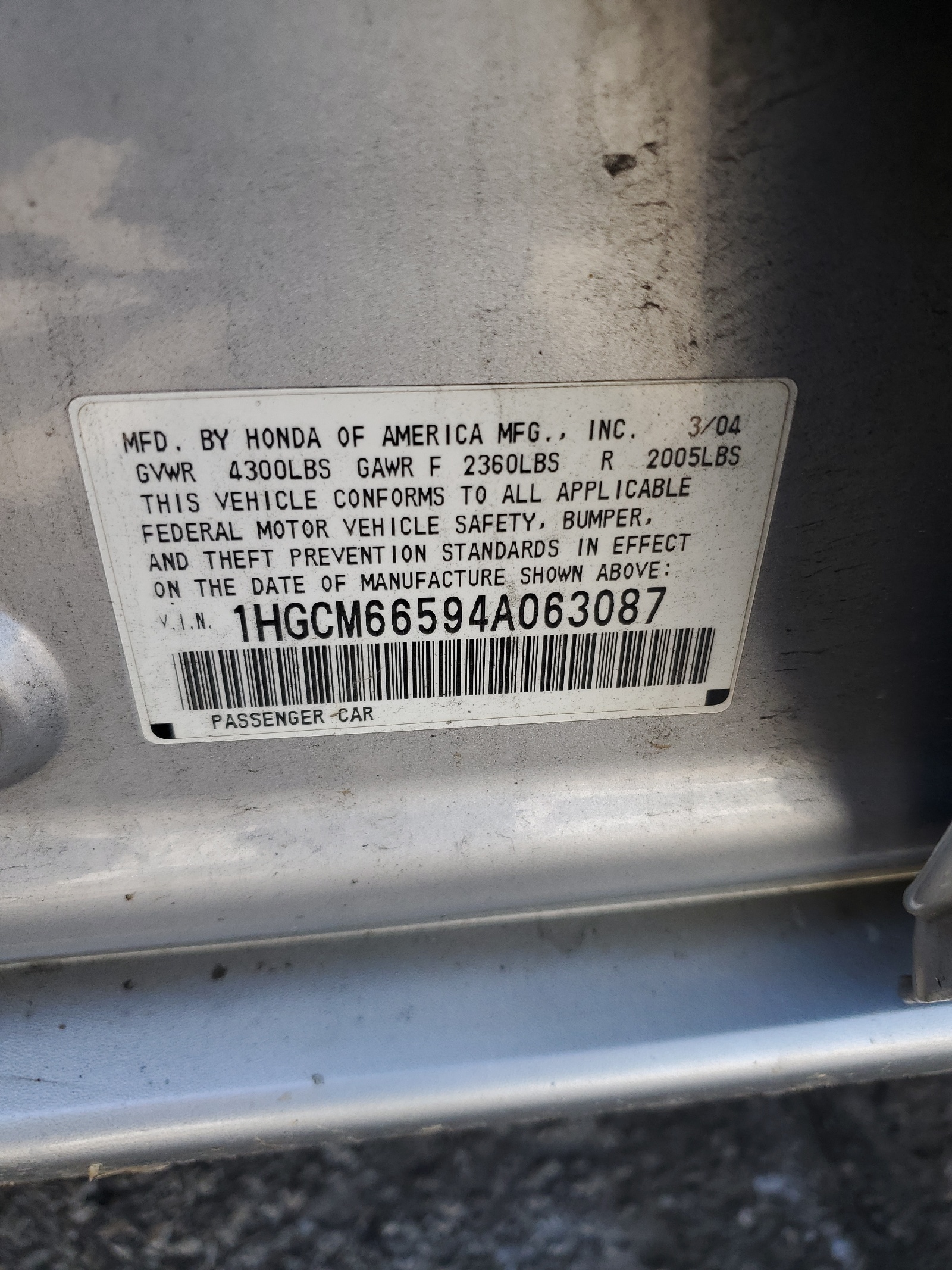 1HGCM66594A063087 2004 Honda Accord Ex