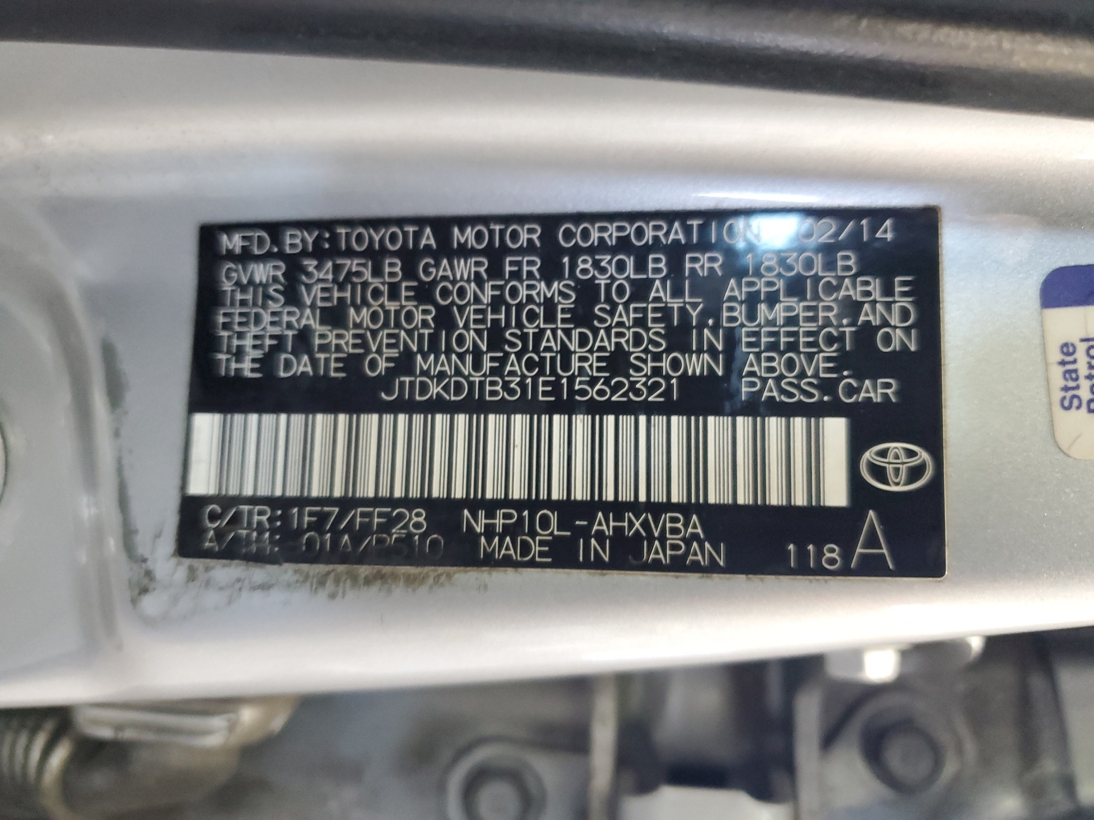 JTDKDTB31E1562321 2014 Toyota Prius C