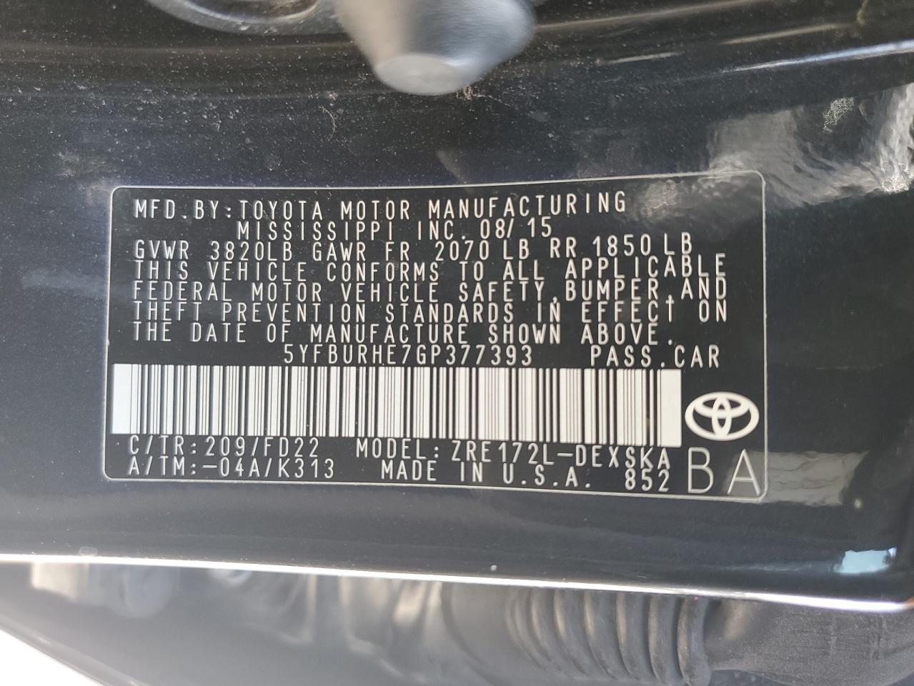 5YFBURHE7GP377393 2016 Toyota Corolla L