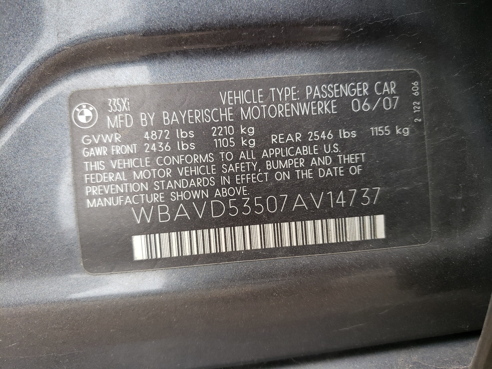 WBAVD53507AV14737 2007 BMW 335 Xi