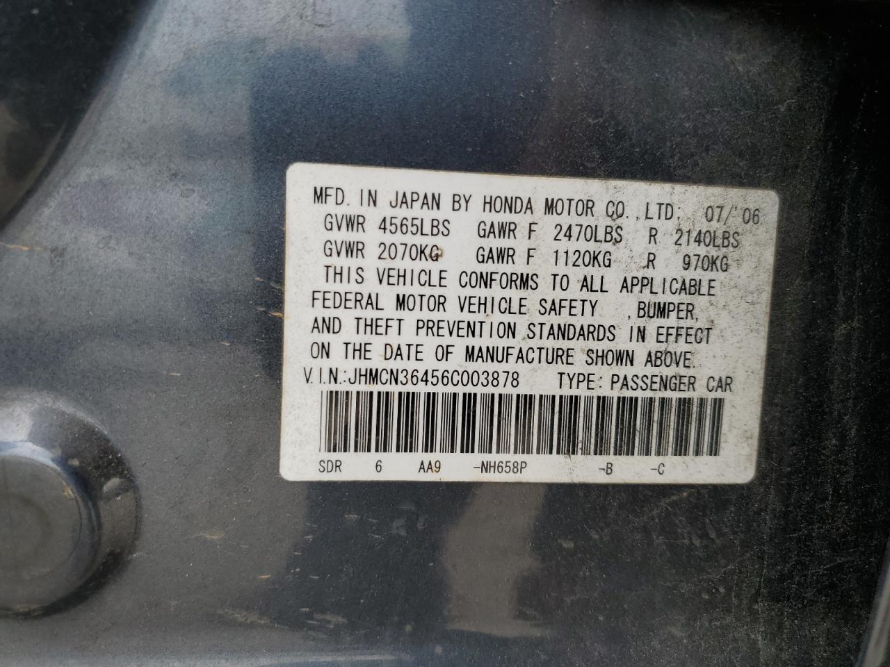 2006 Honda Accord Hybrid VIN: JHMCN36456C003878 Lot: 72067494