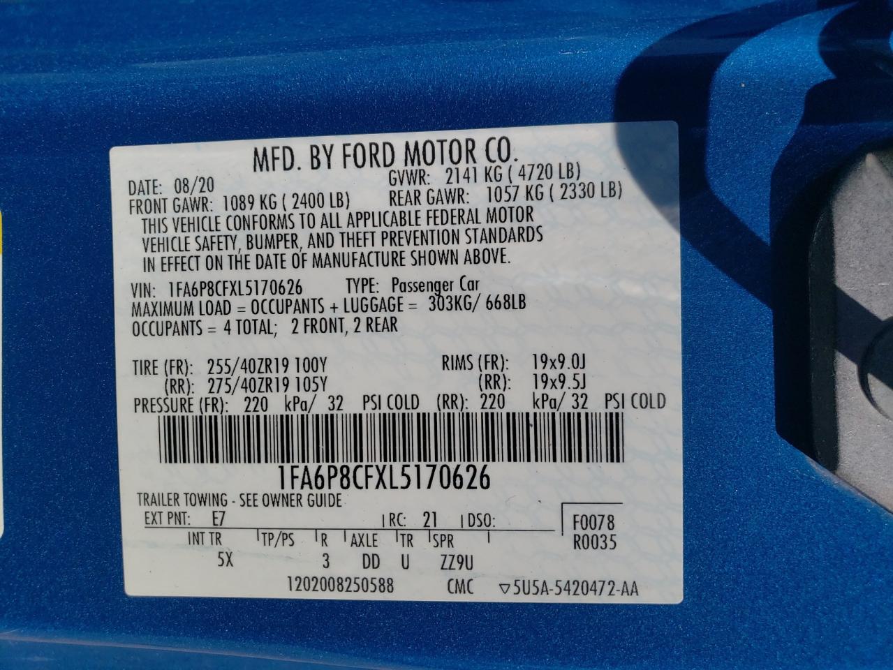 2020 Ford Mustang Gt VIN: 1FA6P8CFXL5170626 Lot: 57070794