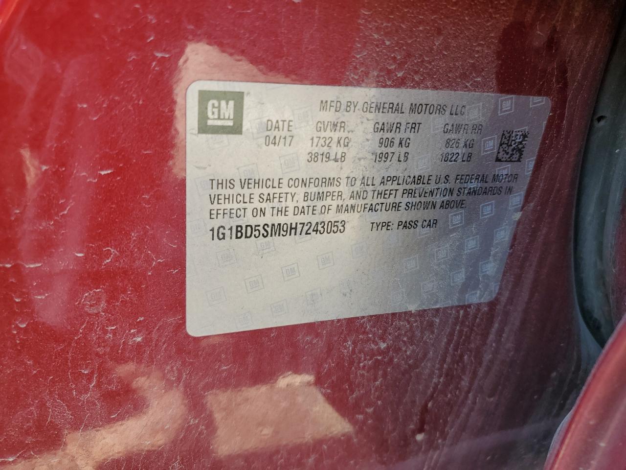 2017 Chevrolet Cruze Lt VIN: 1G1BD5SM9H7243053 Lot: 55791024