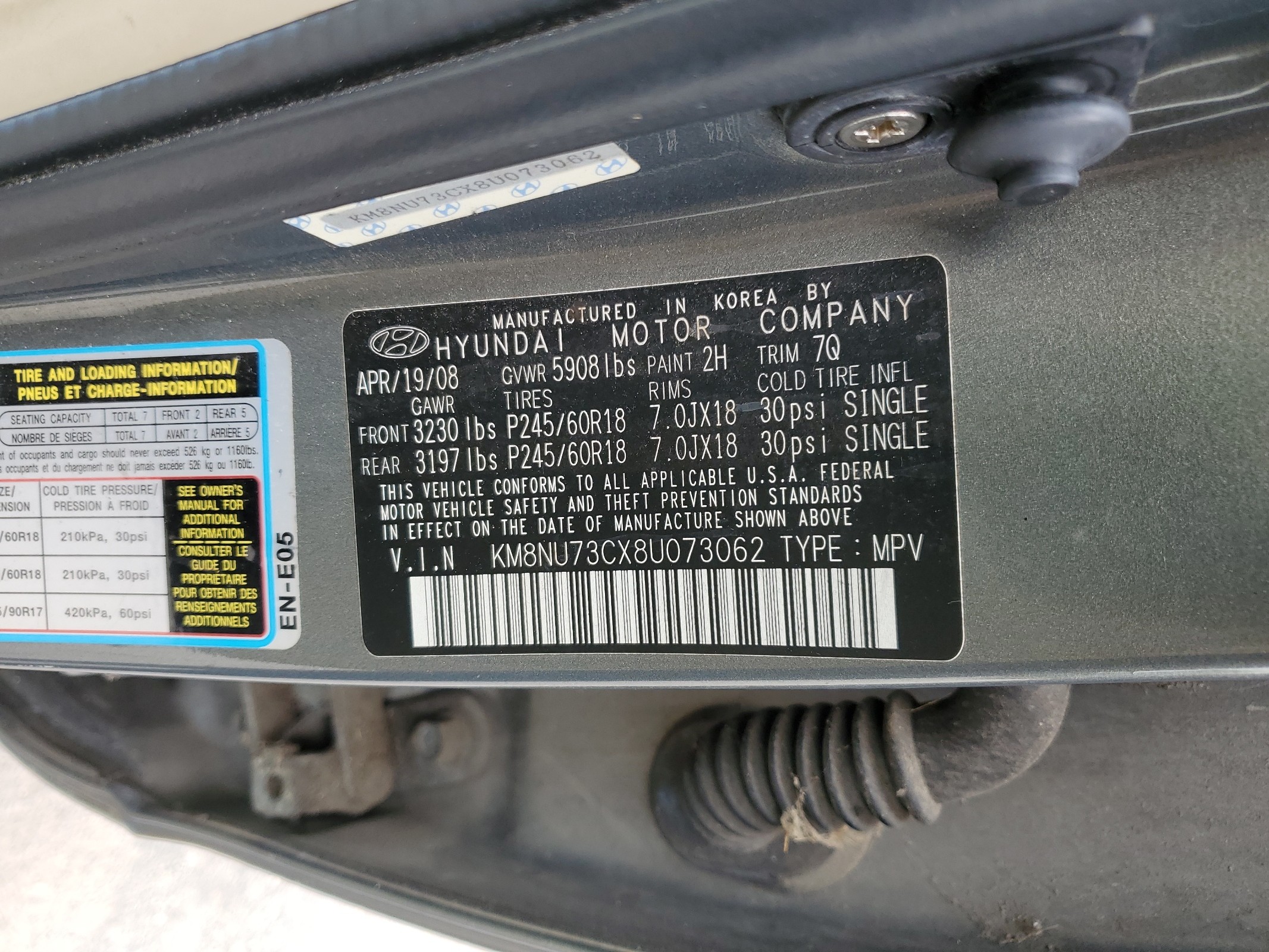 KM8NU73CX8U073062 2008 Hyundai Veracruz Gls