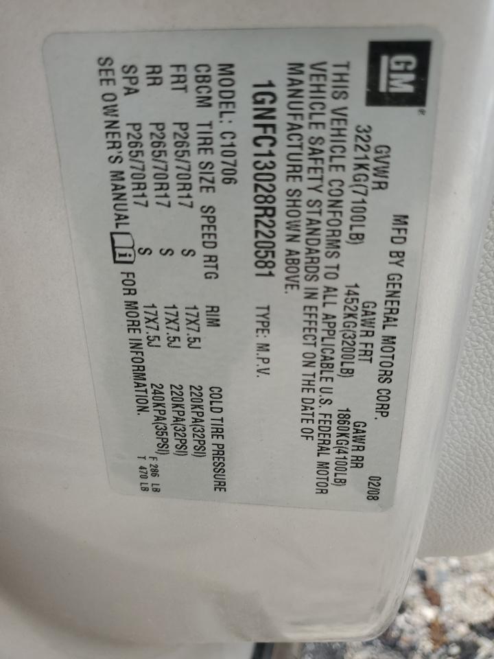 2008 Chevrolet Tahoe C1500 VIN: 1GNFC13028R220581 Lot: 52706584