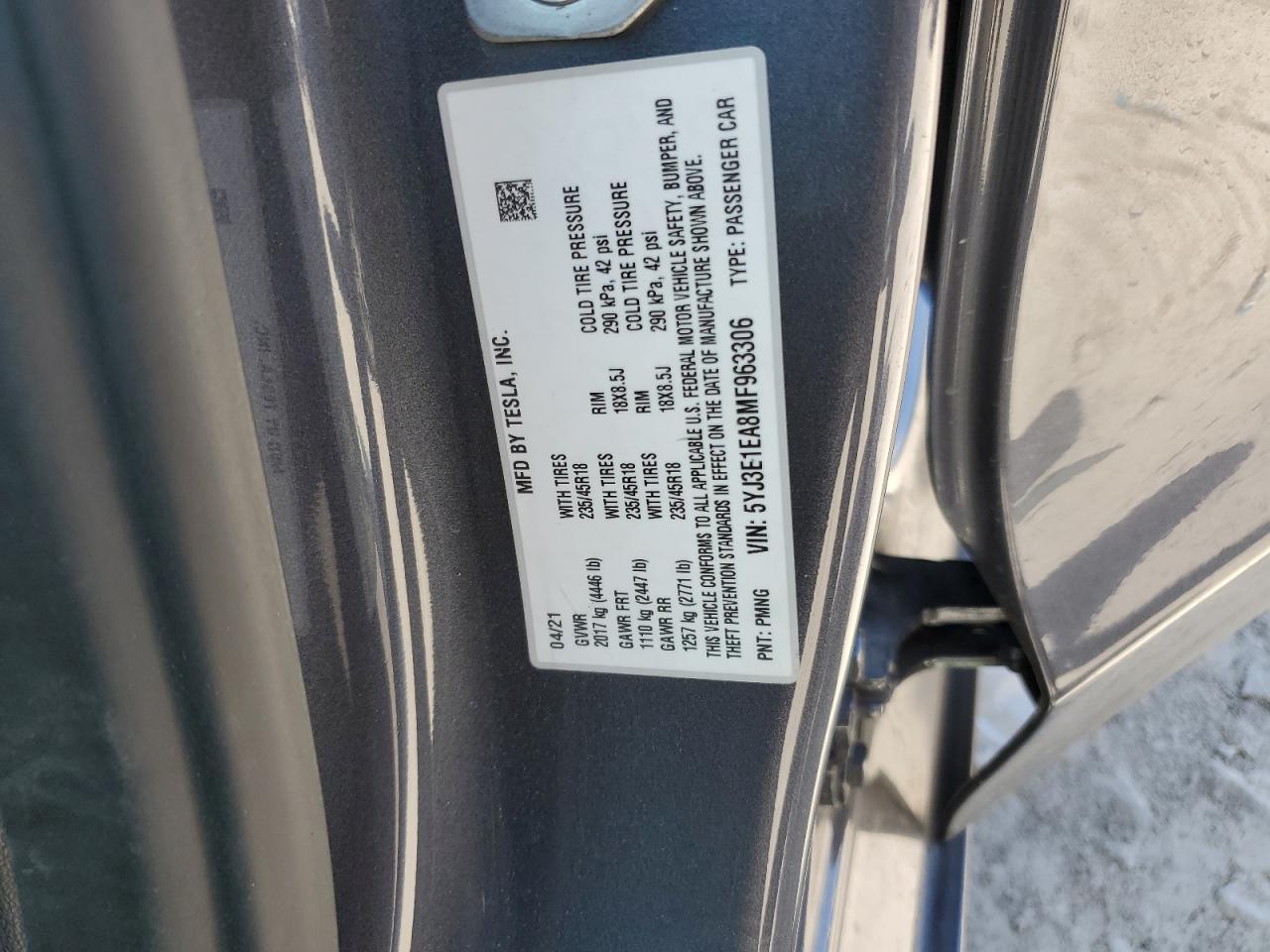 5YJ3E1EA8MF963306 2021 Tesla Model 3