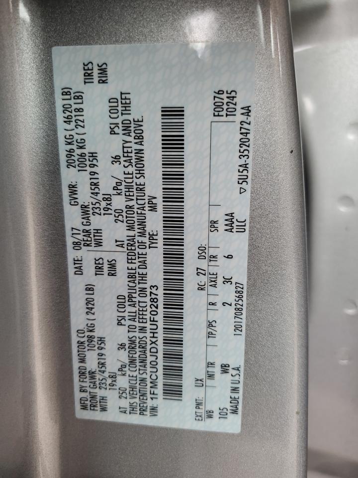 2017 Ford Escape Titanium VIN: 1FMCU0JDXHUF02873 Lot: 54076544