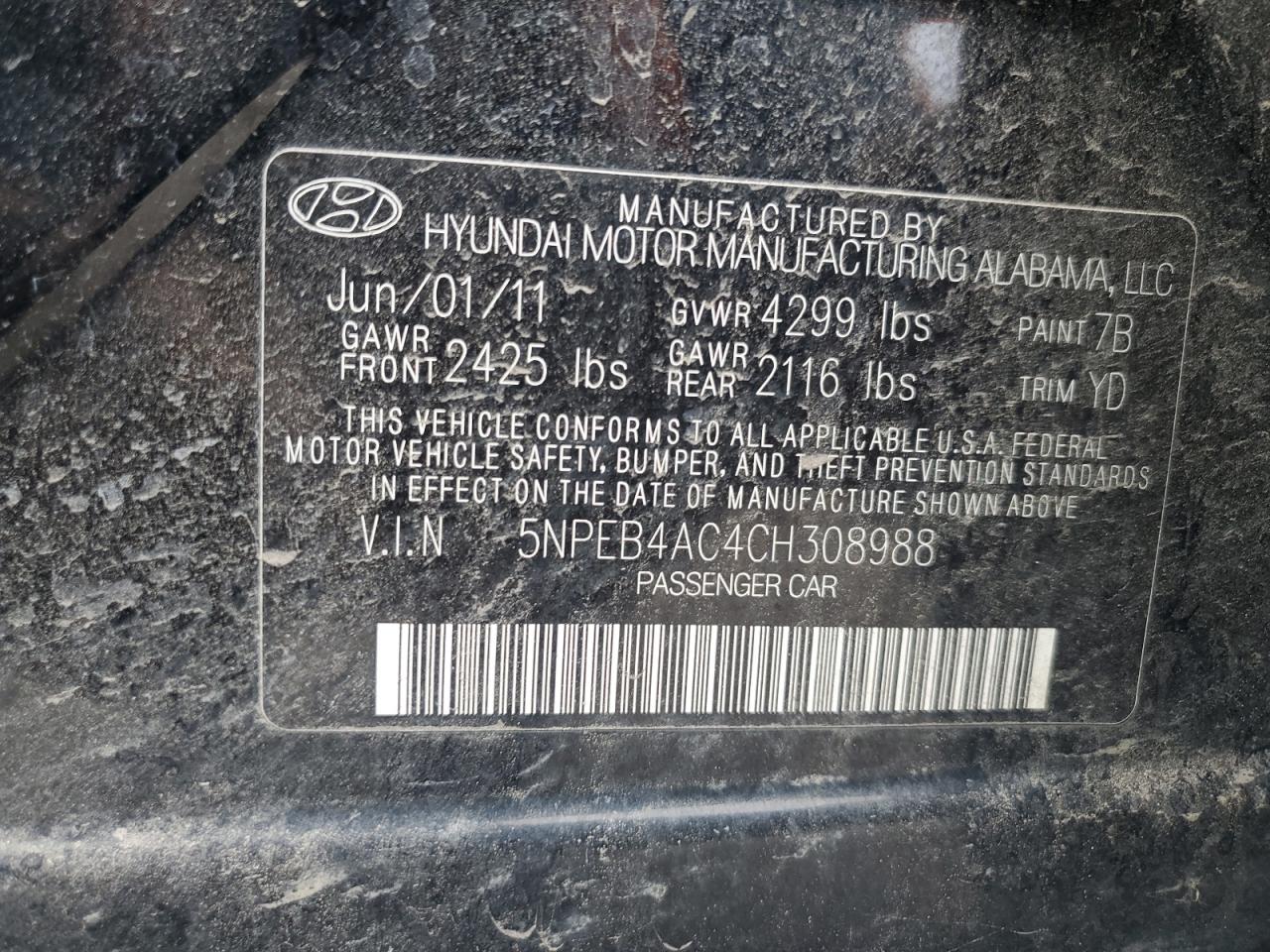 2012 Hyundai Sonata Gls VIN: 5NPEB4AC4CH308988 Lot: 53701474