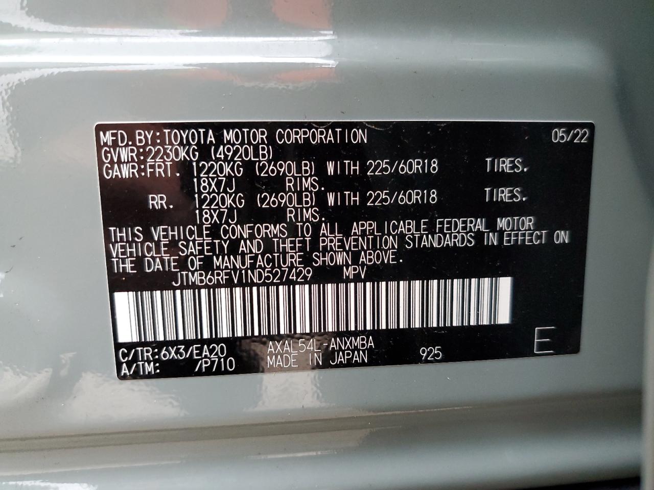 2022 Toyota Rav4 Xle Premium VIN: JTMB6RFV1ND527429 Lot: 54192444