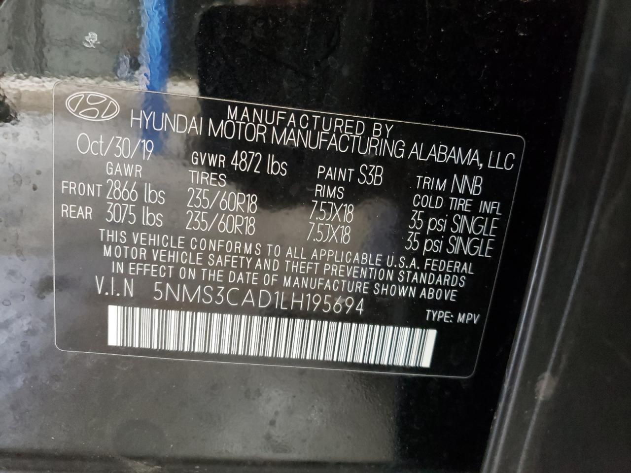 2020 Hyundai Santa Fe Sel VIN: 5NMS3CAD1LH195694 Lot: 55718004