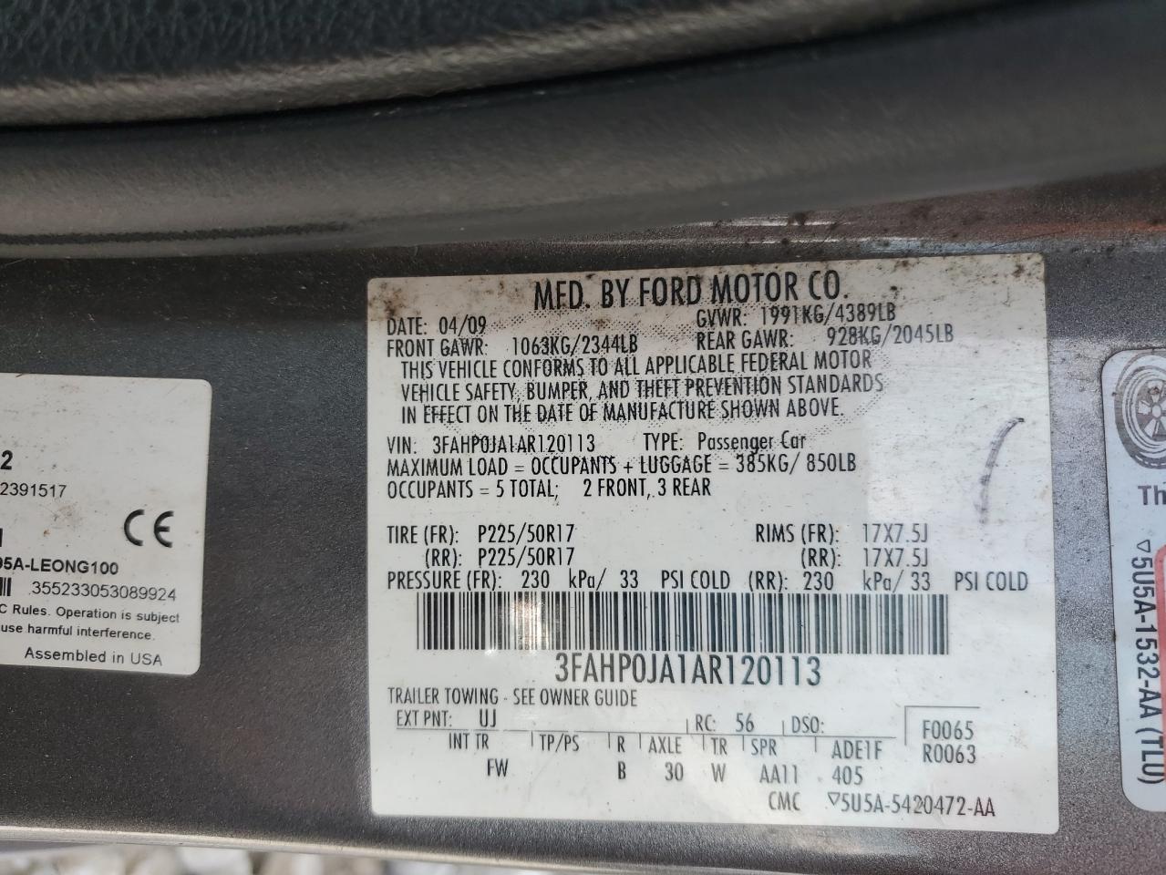 2010 Ford Fusion Sel VIN: 3FAHP0JA1AR120113 Lot: 55702644