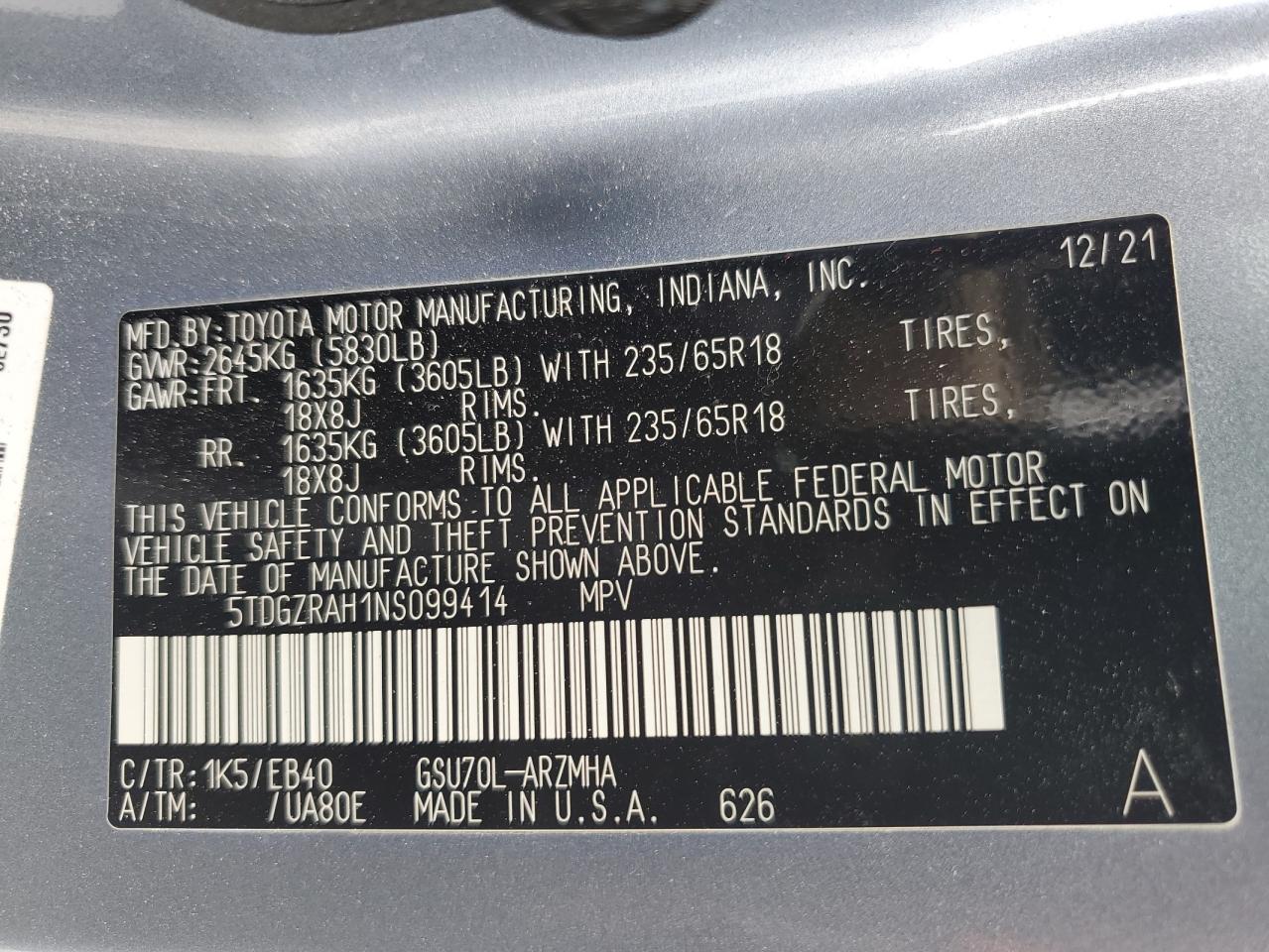 2022 Toyota Highlander Xle VIN: 5TDGZRAH1NS099414 Lot: 55552334