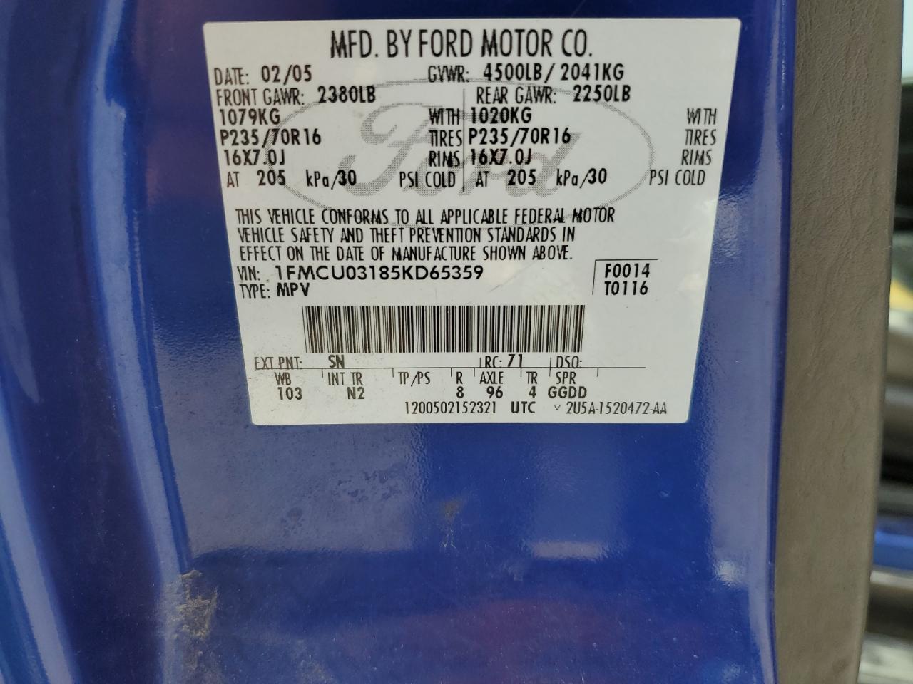 2005 Ford Escape Xlt VIN: 1FMCU03185KD65359 Lot: 55628674