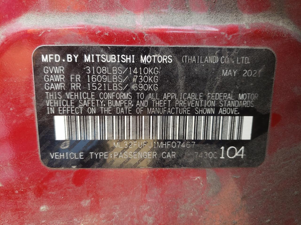 2021 Mitsubishi Mirage G4 Es VIN: ML32FUFJ1MHF07467 Lot: 54673374