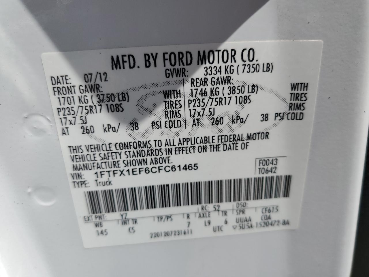 2012 Ford F150 Super Cab VIN: 1FTFX1EF6CFC61465 Lot: 54051834