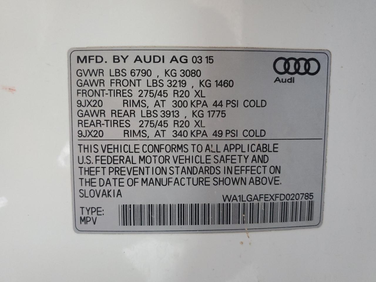 WA1LGAFEXFD020785 2015 Audi Q7 Premium Plus