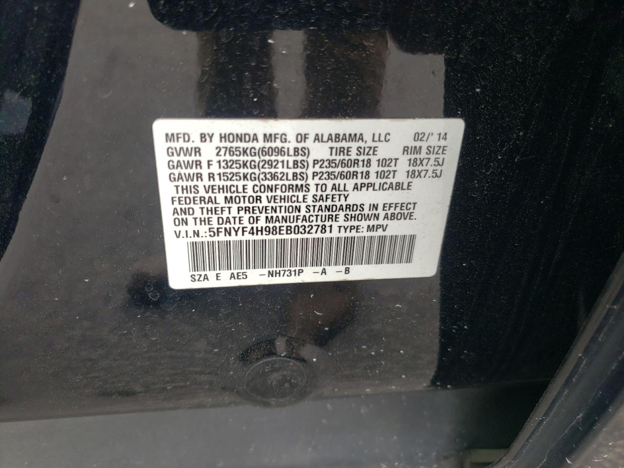 2014 Honda Pilot Touring VIN: 5FNYF4H98EB032781 Lot: 56393684