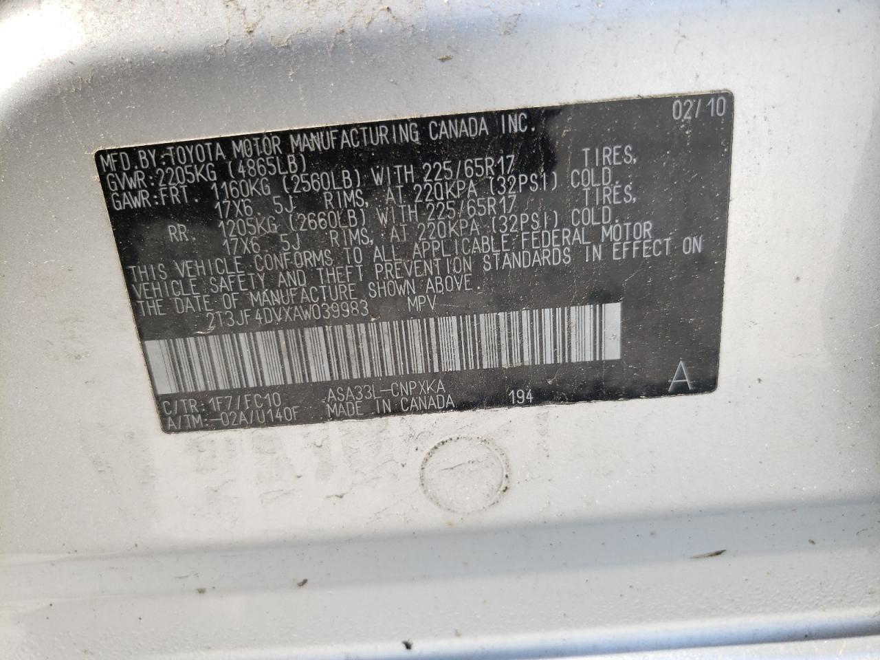 2010 Toyota Rav4 VIN: 2T3JF4DVXAW039983 Lot: 55793634