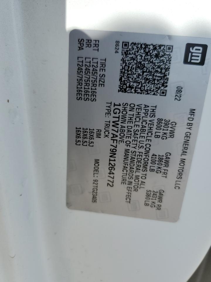 2022 GMC Savana G2500 VIN: 1GTW7AF79N1264772 Lot: 85211544