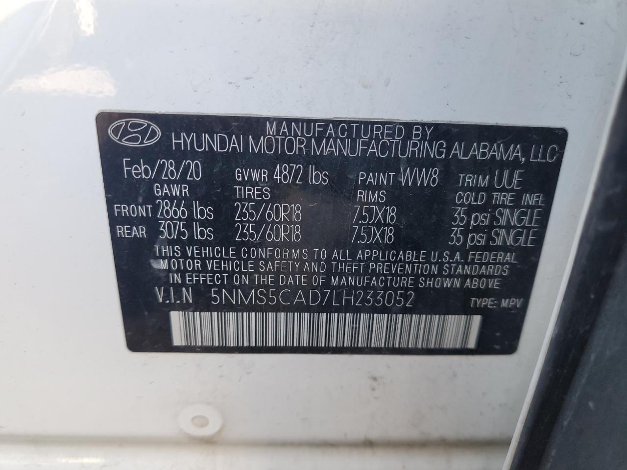 2020 Hyundai Santa Fe Limited VIN: 5NMS5CAD7LH233052 Lot: 56385674