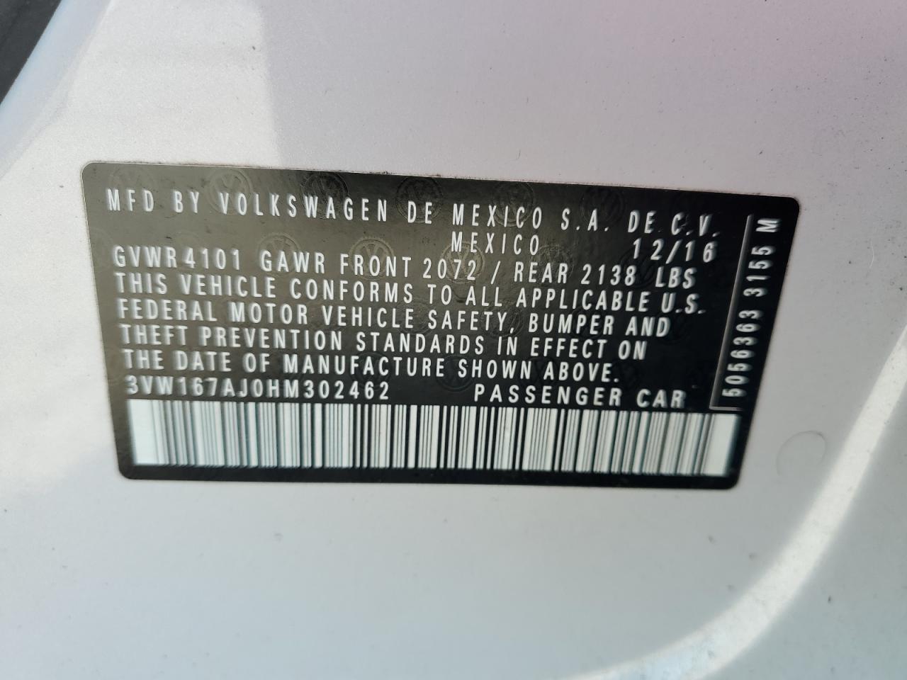 2017 Volkswagen Jetta S VIN: 3VW167AJ0HM302462 Lot: 54164614