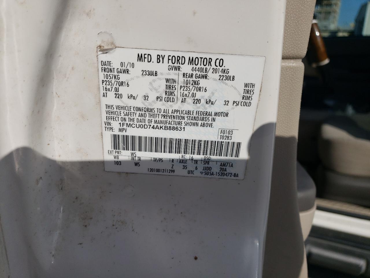 2010 Ford Escape Xlt VIN: 1FMCU0D74AKB88631 Lot: 55032284