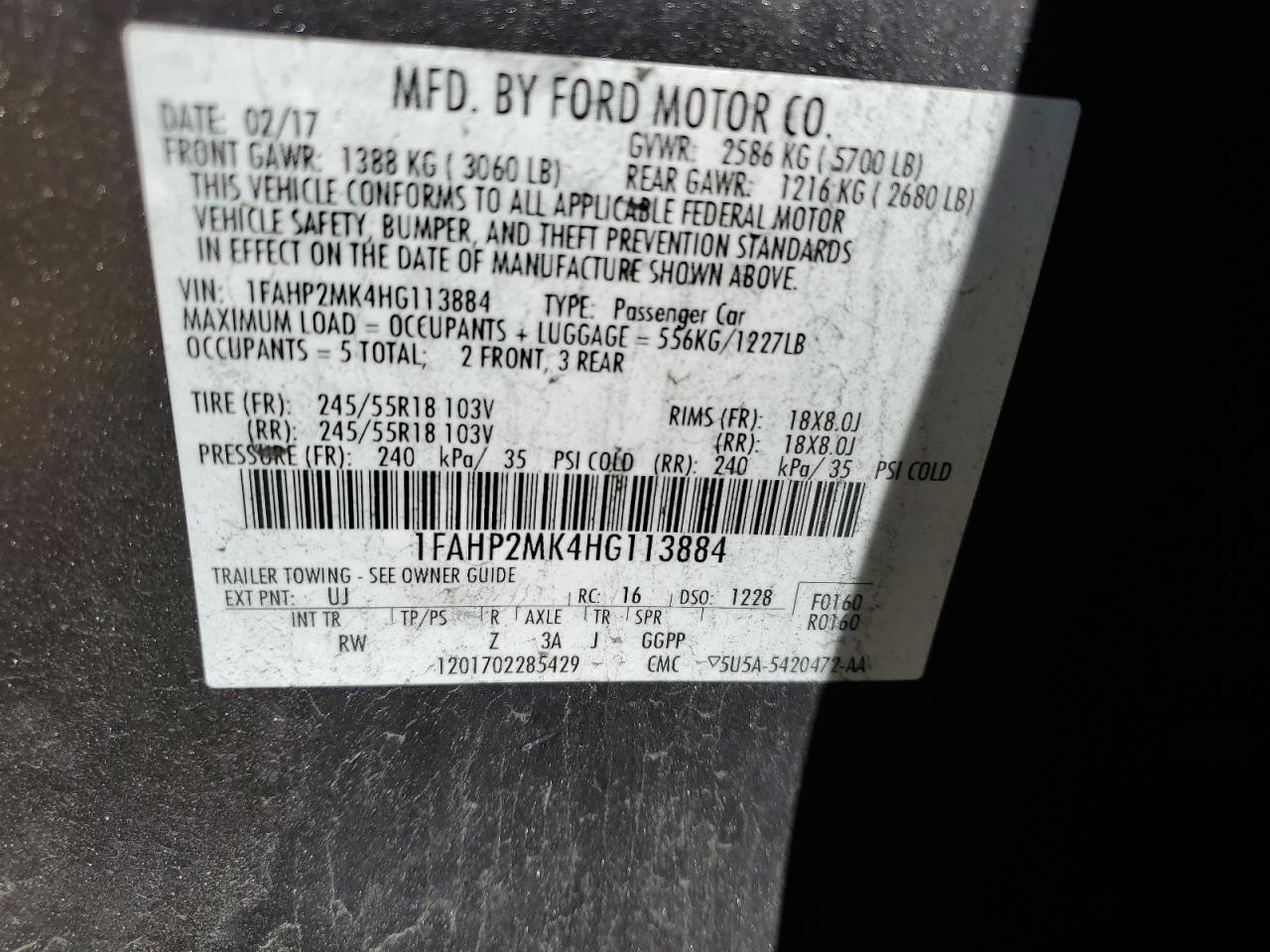 2017 Ford Taurus Police Interceptor VIN: 1FAHP2MK4HG113884 Lot: 57278154