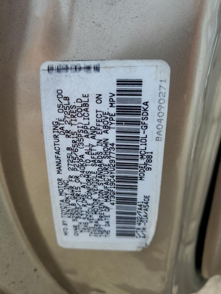 2000 Toyota Sienna Ce VIN: 4T3GF19C4YU297734 Lot: 53499614