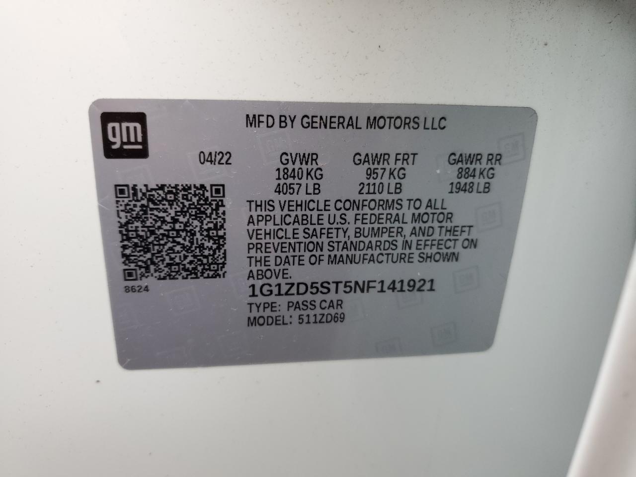 2022 Chevrolet Malibu Lt VIN: 1G1ZD5ST5NF141921 Lot: 49331474