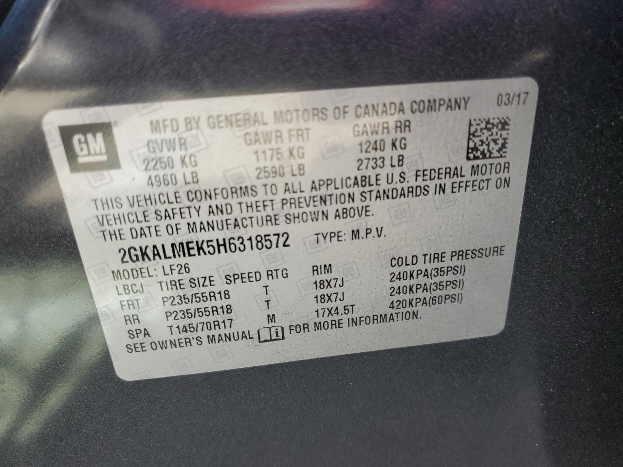 2GKALMEK5H6318572 2017 GMC Terrain Sle