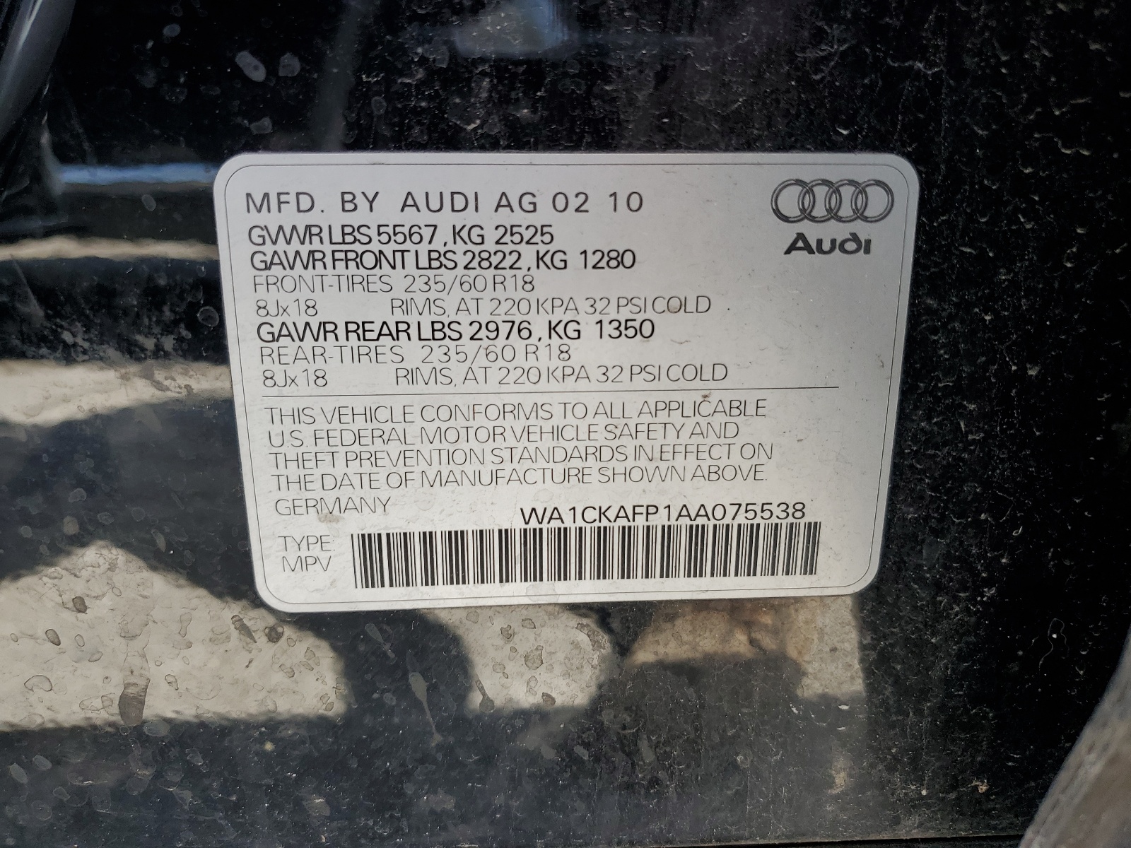 WA1CKAFP1AA075538 2010 Audi Q5 Premium