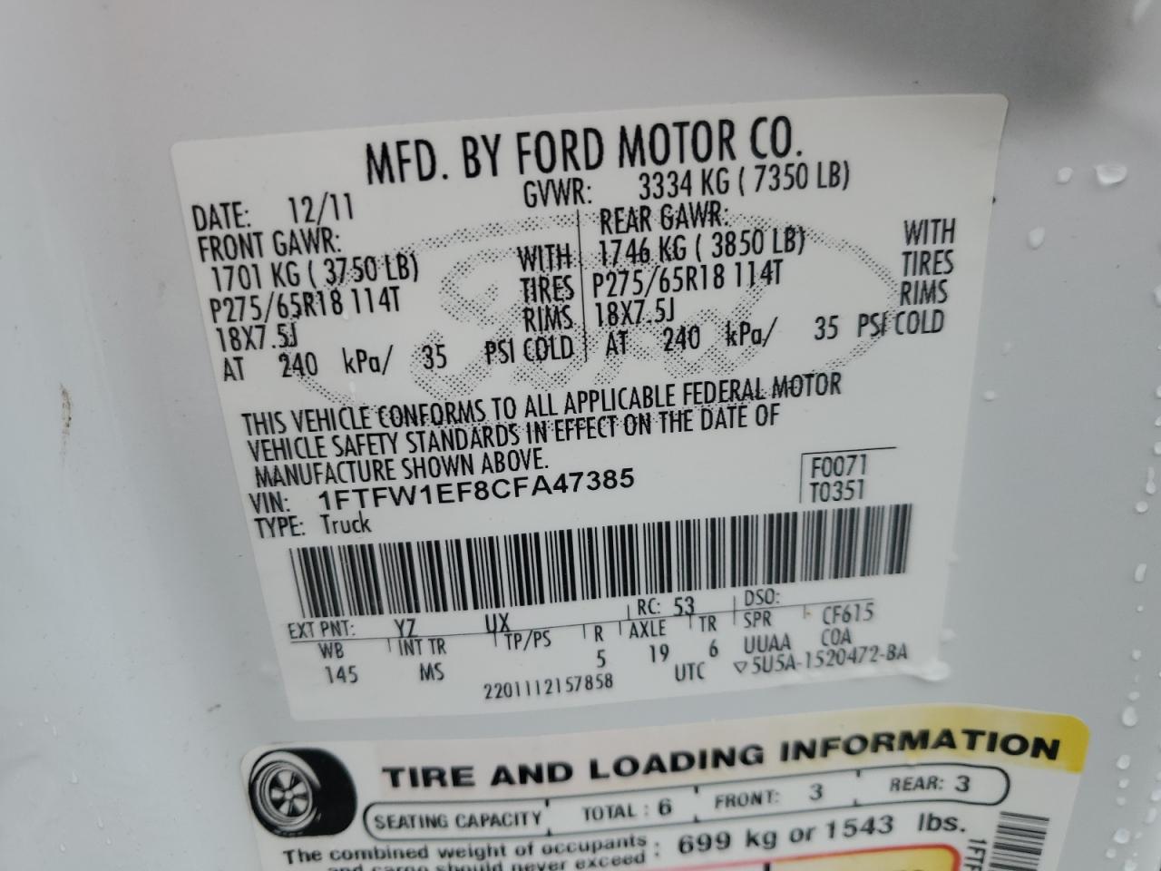 2012 Ford F150 Supercrew VIN: 1FTFW1EF8CFA47385 Lot: 54059614