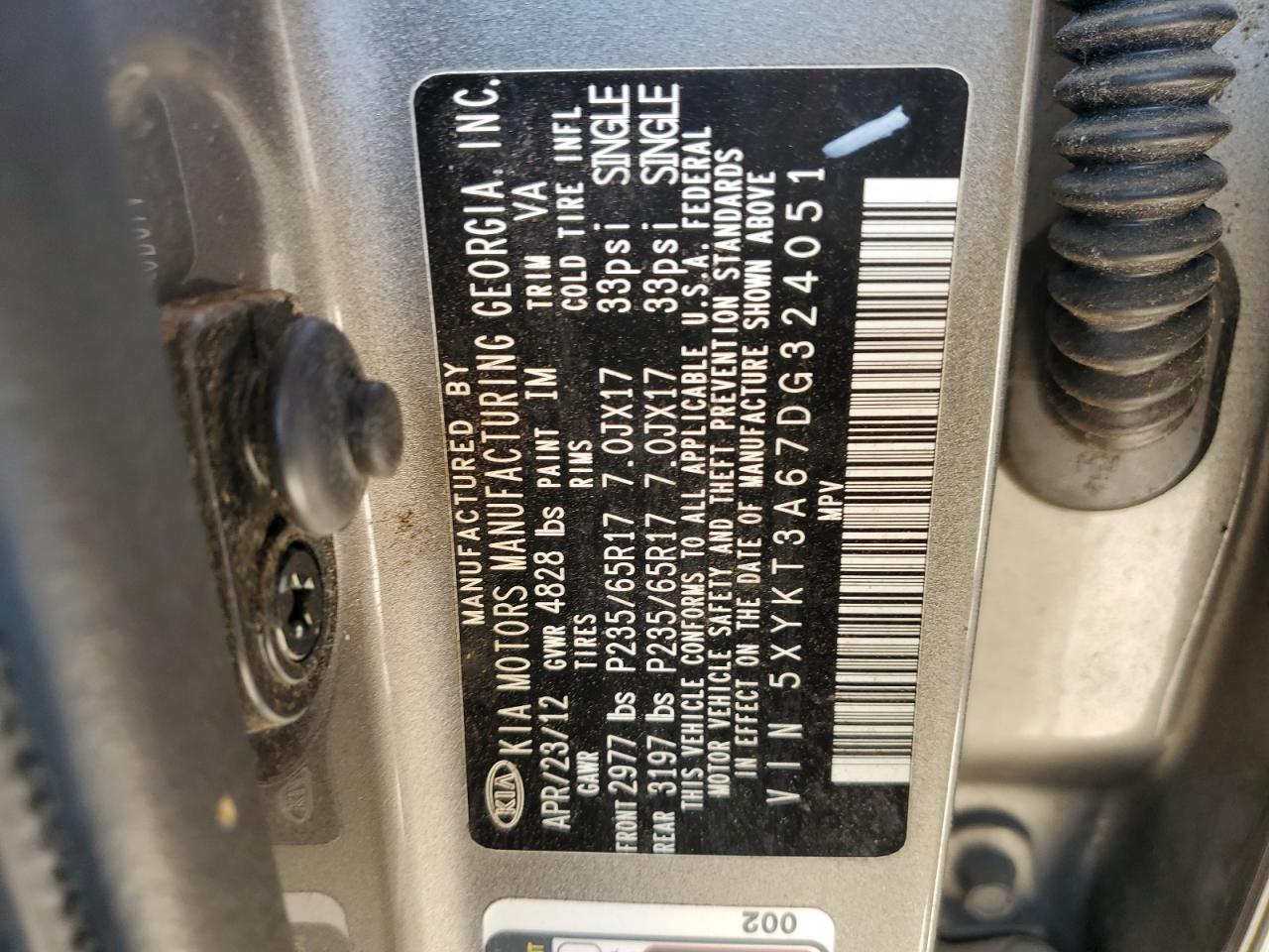 2013 Kia Sorento Lx VIN: 5XYKT3A67DG324051 Lot: 56113054