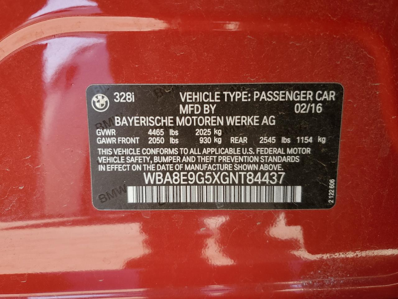 2016 BMW 328 I Sulev VIN: WBA8E9G5XGNT84437 Lot: 55486254